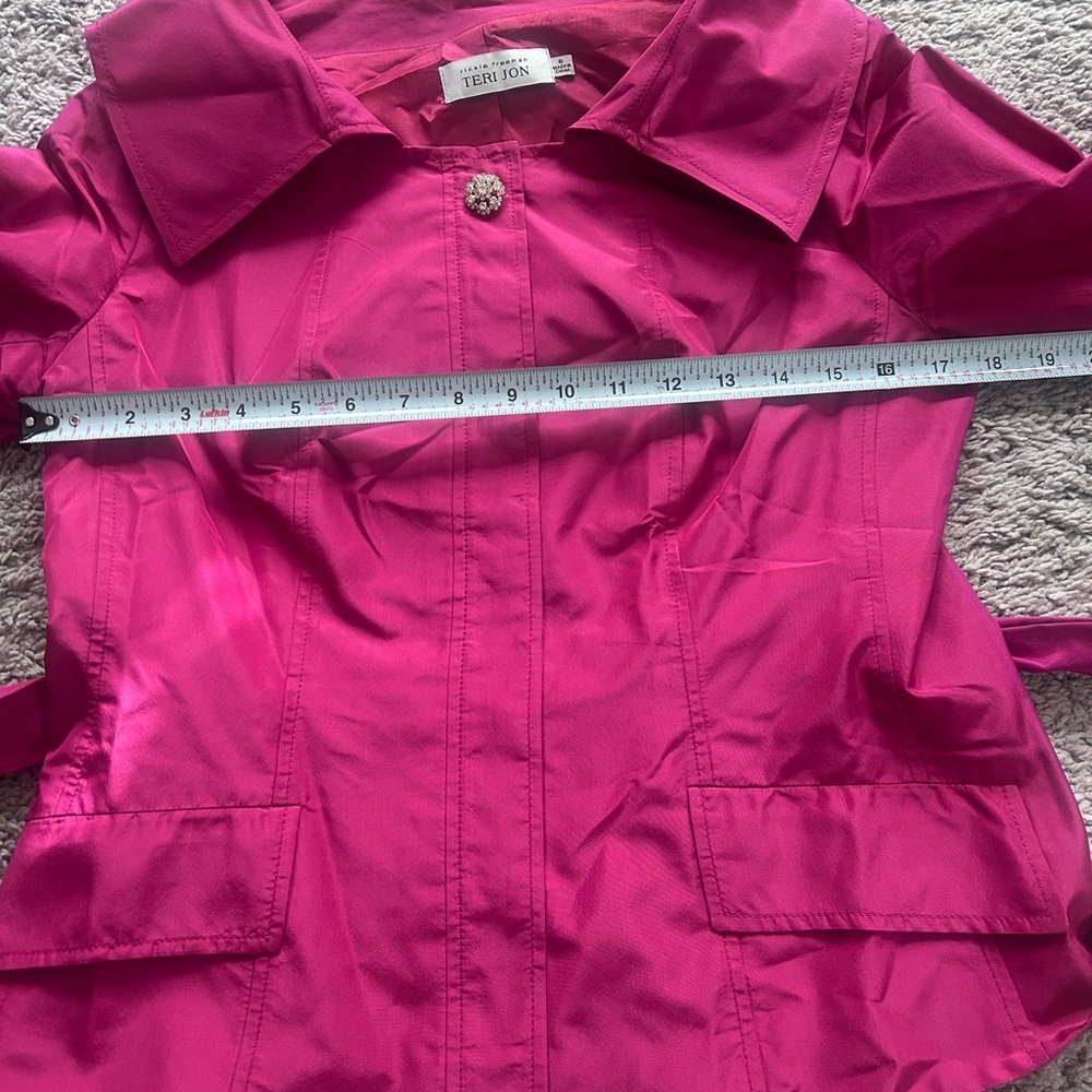 Teri Jon Rickie Freeman 100% silk taffeta cropped jacket wide tie belt Fuchsia 6 - Picture 6 of 6